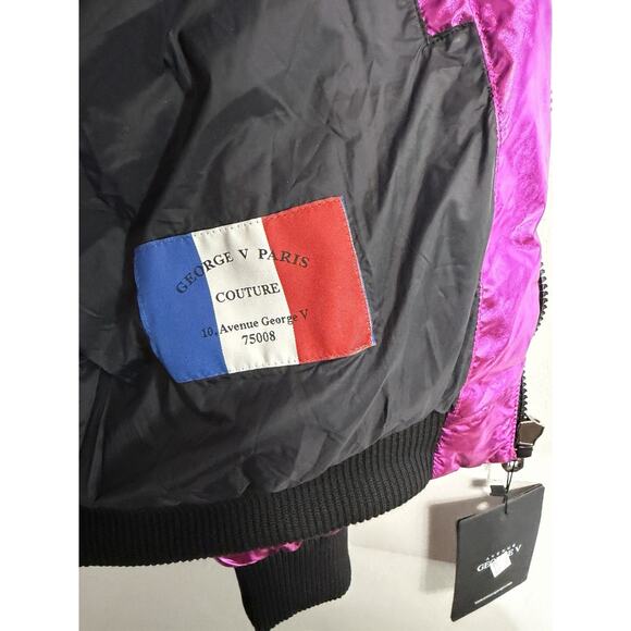 NEW Avenue George V Paris Puffer Jacket Hooded Fur Rhinestone Pink LARGE $650 - Picture 8 of 9